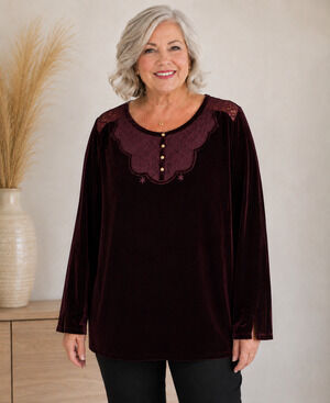 Soft Surroundings XL NWOT Burgundy Velvet Embroidered Lace Long Sleeve Tunic Top